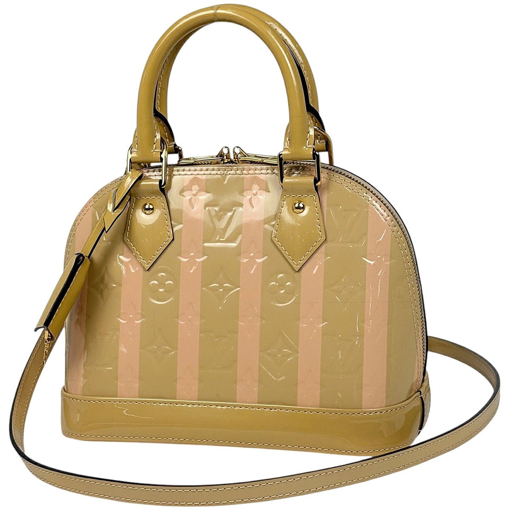 Louis Vuitton Alma Shoulder Bag Enamel Rayures Vernis Dune Brown Pink Cream